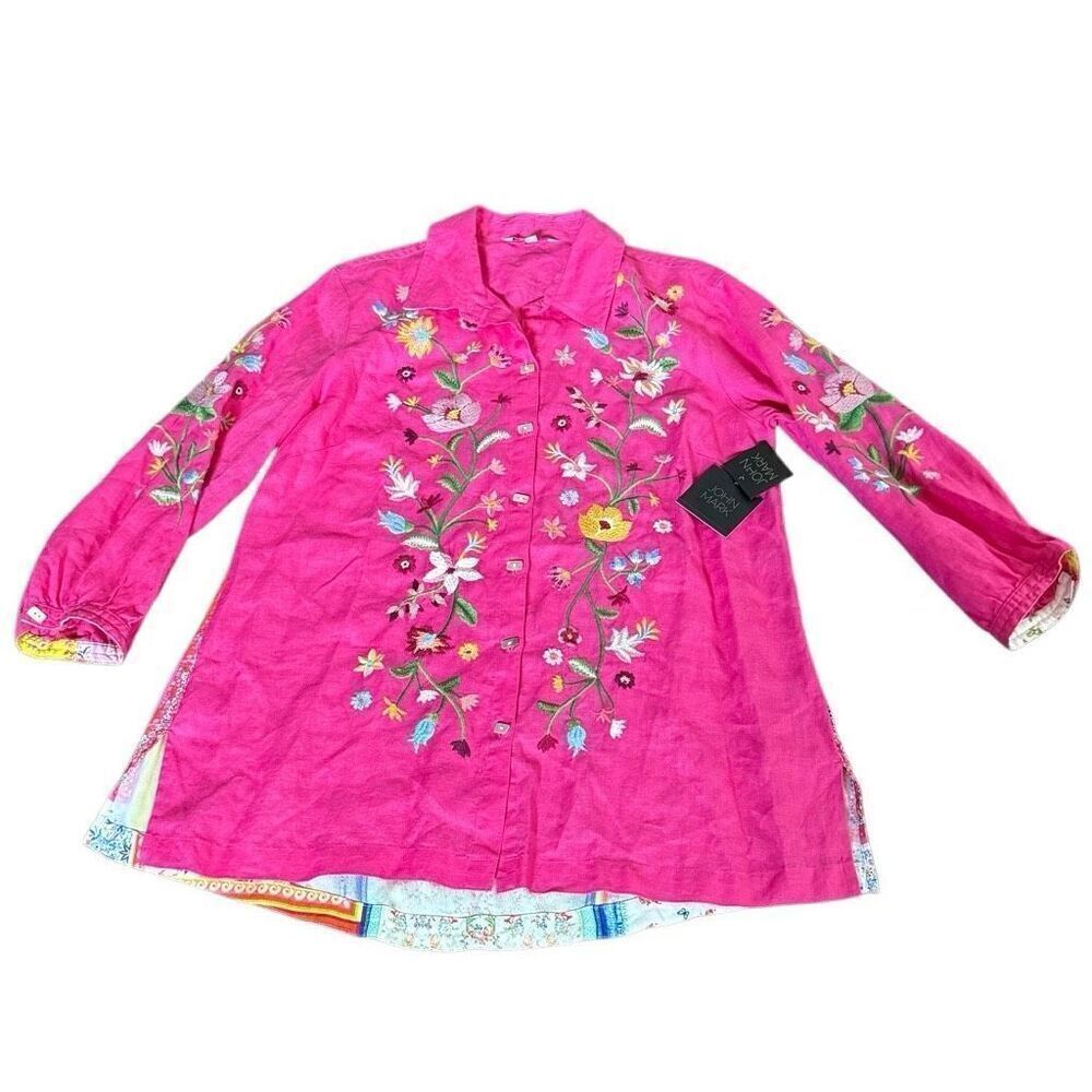 John Mark Embroidered Floral Linen Shirt 3/4 Sleeve Pink Multi Spring Summer New - Picture 4 of 12